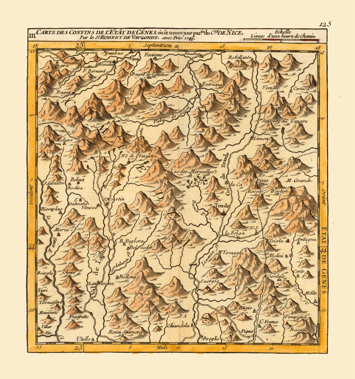 Historic Map - Tende Comune France Cuneo Province Italy - Robert 1748 - 23 x 24.58 - Vintage Wall Art