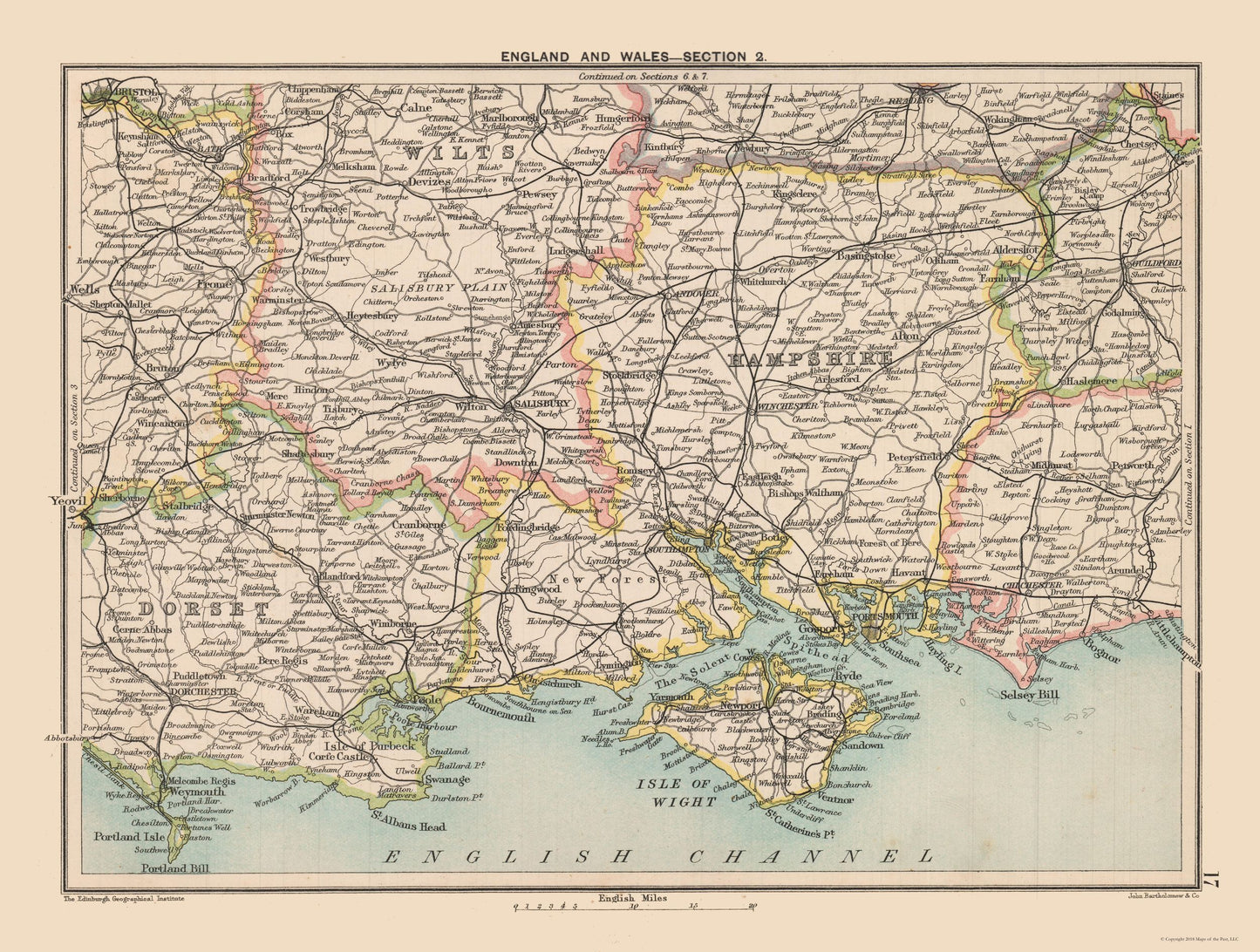 Historic Map - South England Wales - Bartholomew 1892 - 23 x 30.44 - Vintage Wall Art