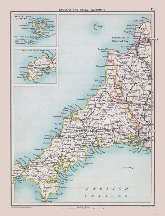 Historic Map - Cornwall County England - Bartholomew 1892 - 23 x 30.08 - Vintage Wall Art