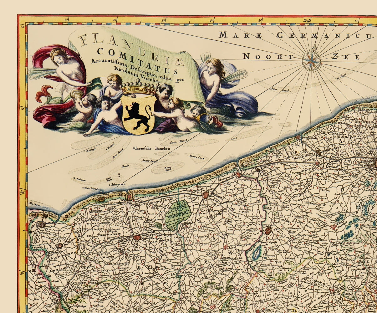 Historic Map - Flanders Belgium - Visscher 1680 - 23 x 27.72 - Vintage Wall Art