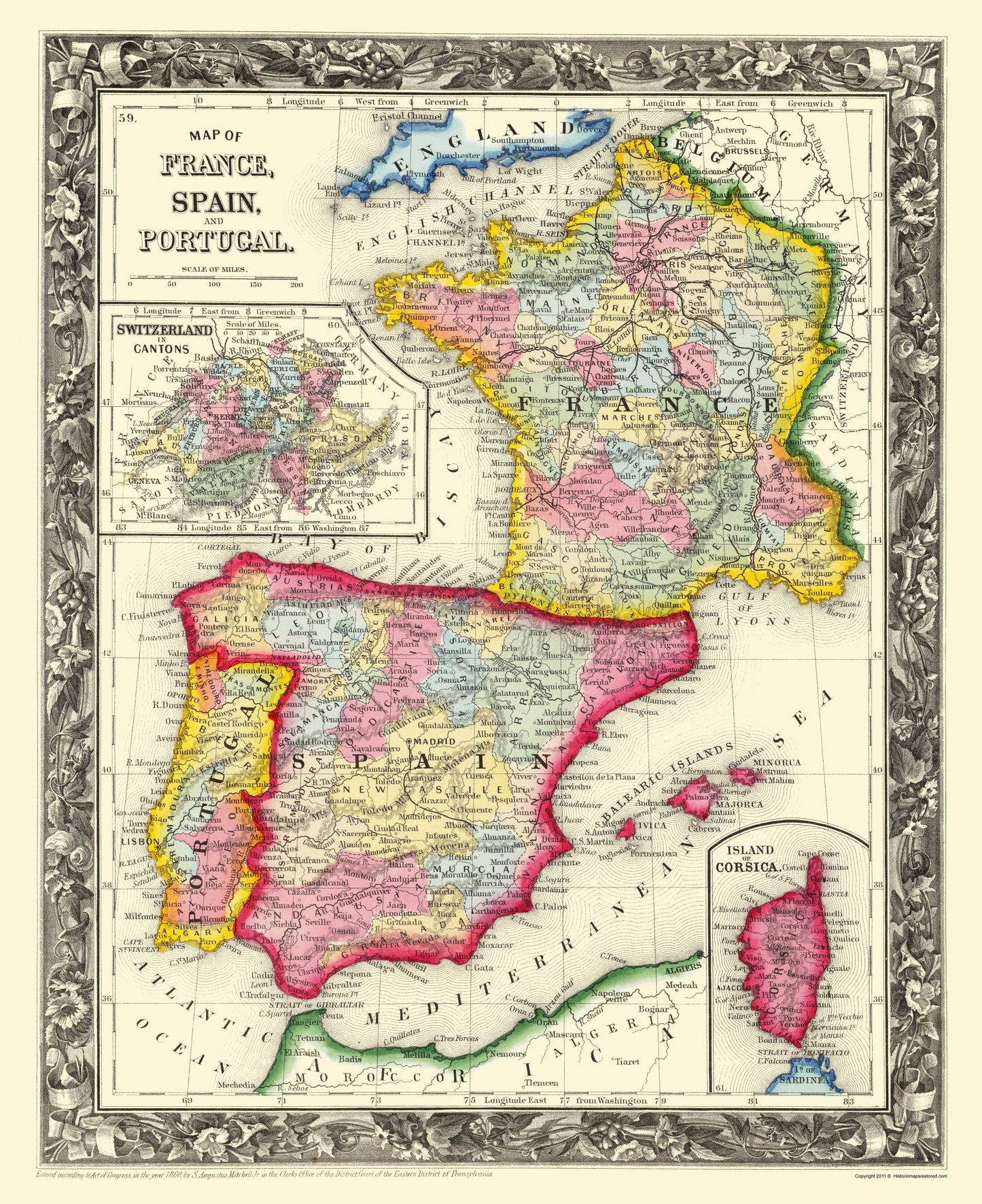 Historic Map - France Spain Portugal - Mitchell 1860 - 23 x 28.21 - Vintage Wall Art