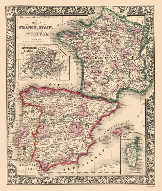 Historic Map - France Spain Portugal - Mitchell 1862 - 23 x 27.00 - Vintage Wall Art