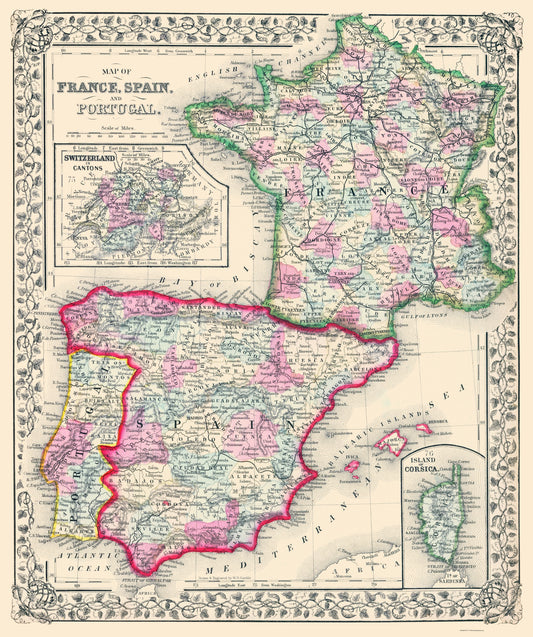 Historic Map - France Spain Portugal - Mitchell 1864 - 23 x 27.47 - Vintage Wall Art