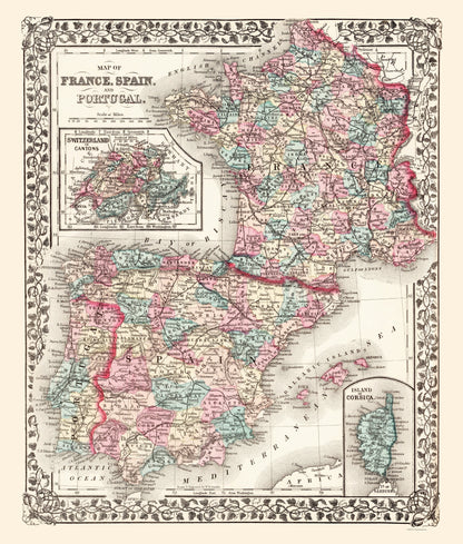 Historic Map - France Spain Portugal - Mitchell 1867 - 23 x 27.02 - Vintage Wall Art