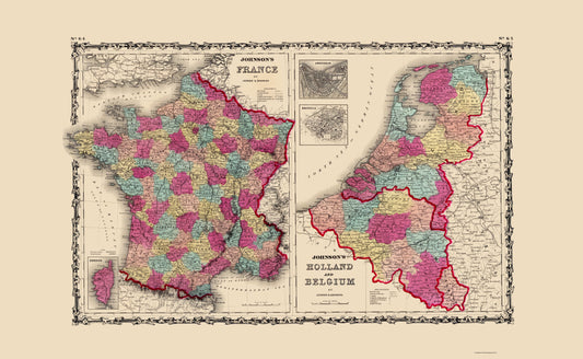 Historic Map - France Holland Belgium - Johnson 1860 - 23 x 37.34 - Vintage Wall Art