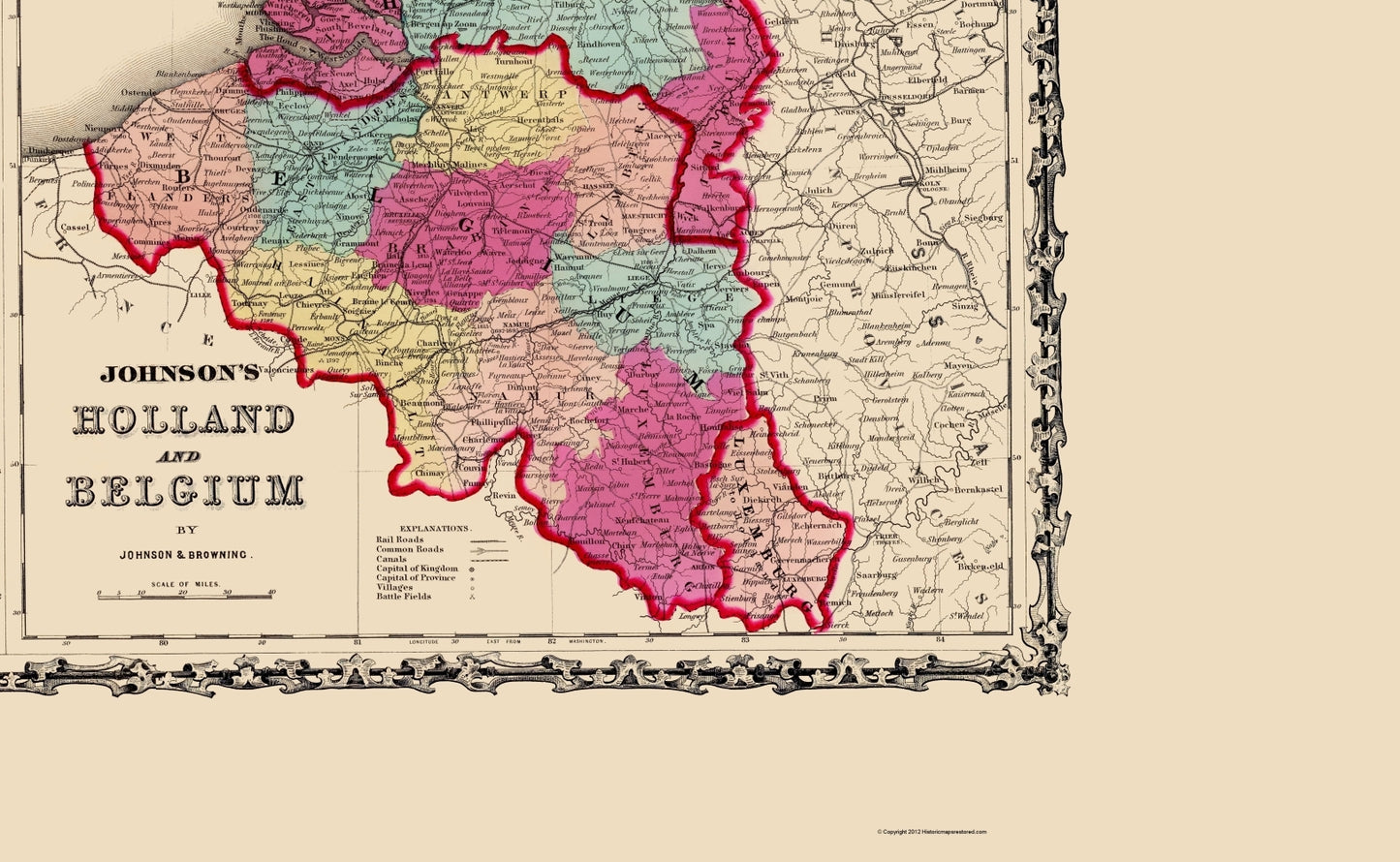 Historic Map - France Holland Belgium - Johnson 1860 - 23 x 37.34 - Vintage Wall Art