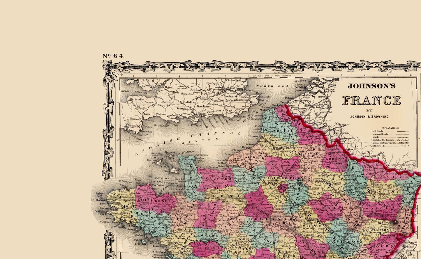 Historic Map - France Holland Belgium - Johnson 1860 - 23 x 37.34 - Vintage Wall Art