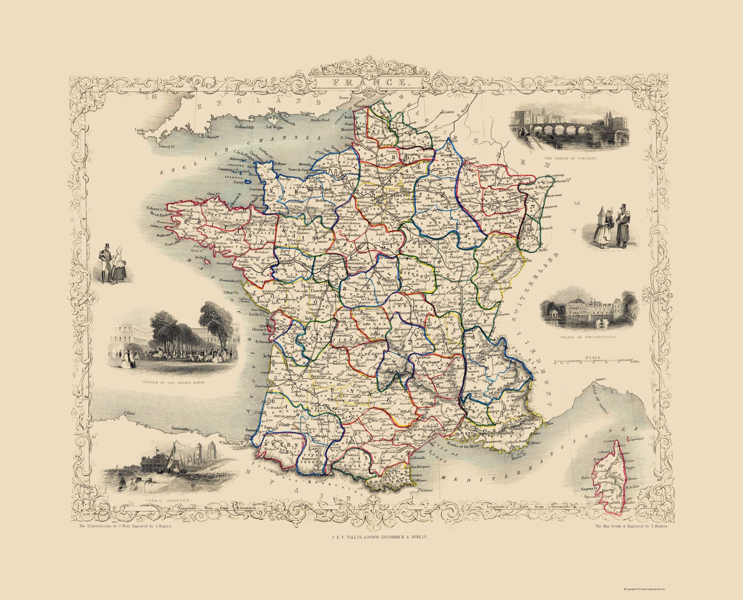 Historic Map - France - Tallis 1851 - 23 x 28.45 - Vintage Wall Art