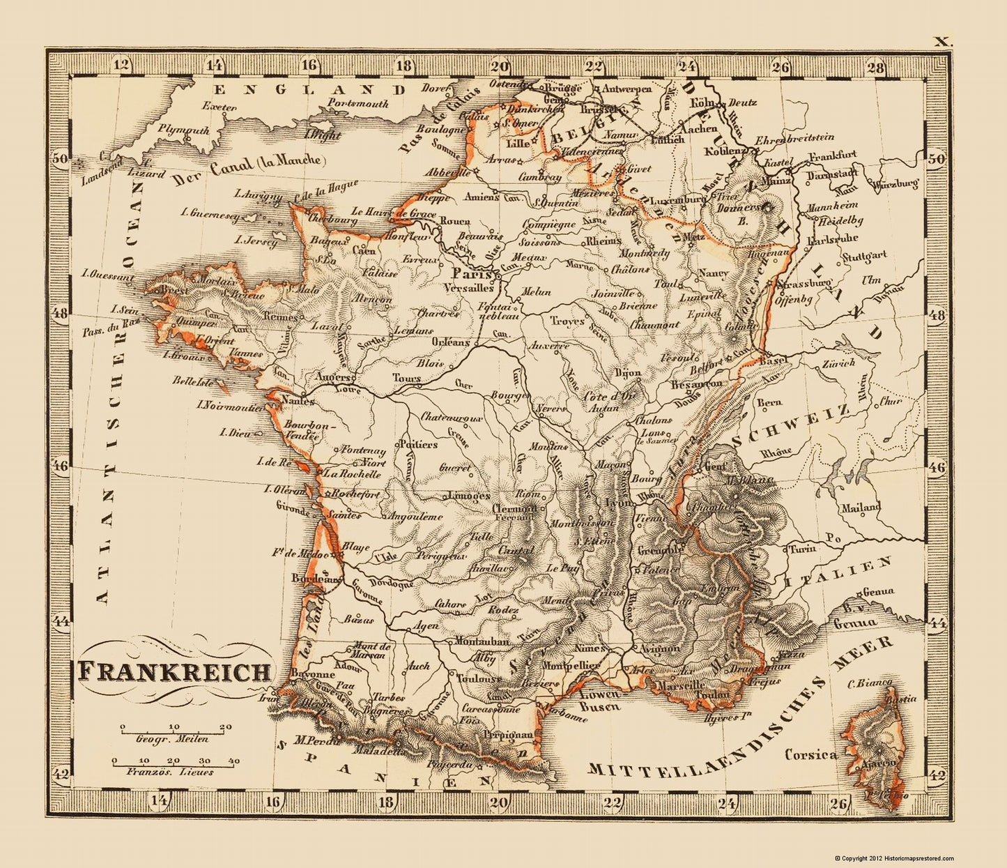 Historic Map - France - Stieler 1852 - 23 x 26.69 - Vintage Wall Art