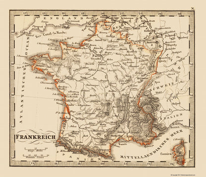 Historic Map - France - Stieler 1852 - 23 x 26.69 - Vintage Wall Art