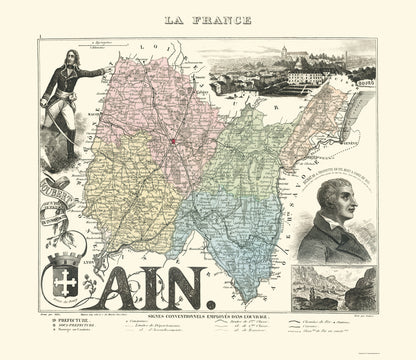 Historic Map - Ain Department France - Migeon 1869 - 23 x 26.60 - Vintage Wall Art