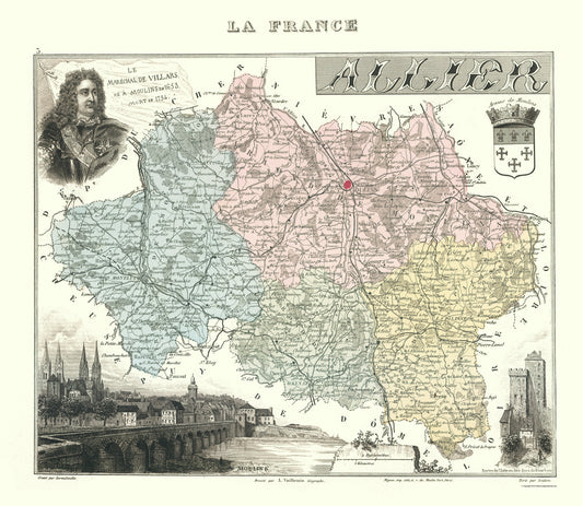 Historic Map - Allier Department France - Migeon 1869 - 23 x 26.50 - Vintage Wall Art