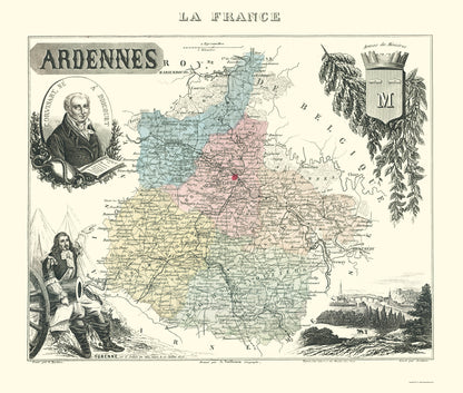 Historic Map - Ardennes Department France - Migeon 1869 - 23 x 27.08 - Vintage Wall Art