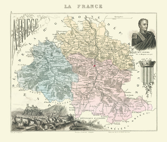 Historic Map - Ariege Department France - Migeon 1869 - 23 x 26.99 - Vintage Wall Art