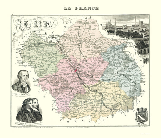 Historic Map - Aube Department France - Migeon 1869 - 23 x 26.78 - Vintage Wall Art