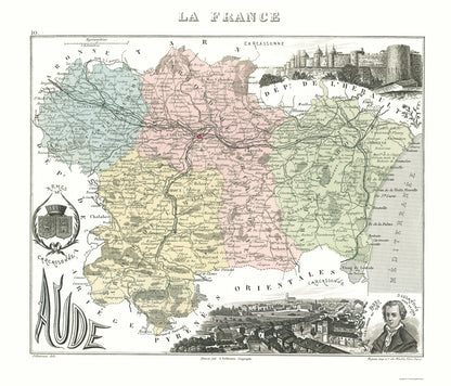 Historic Map - Aude Department France - Migeon 1869 - 23 x 26.91 - Vintage Wall Art