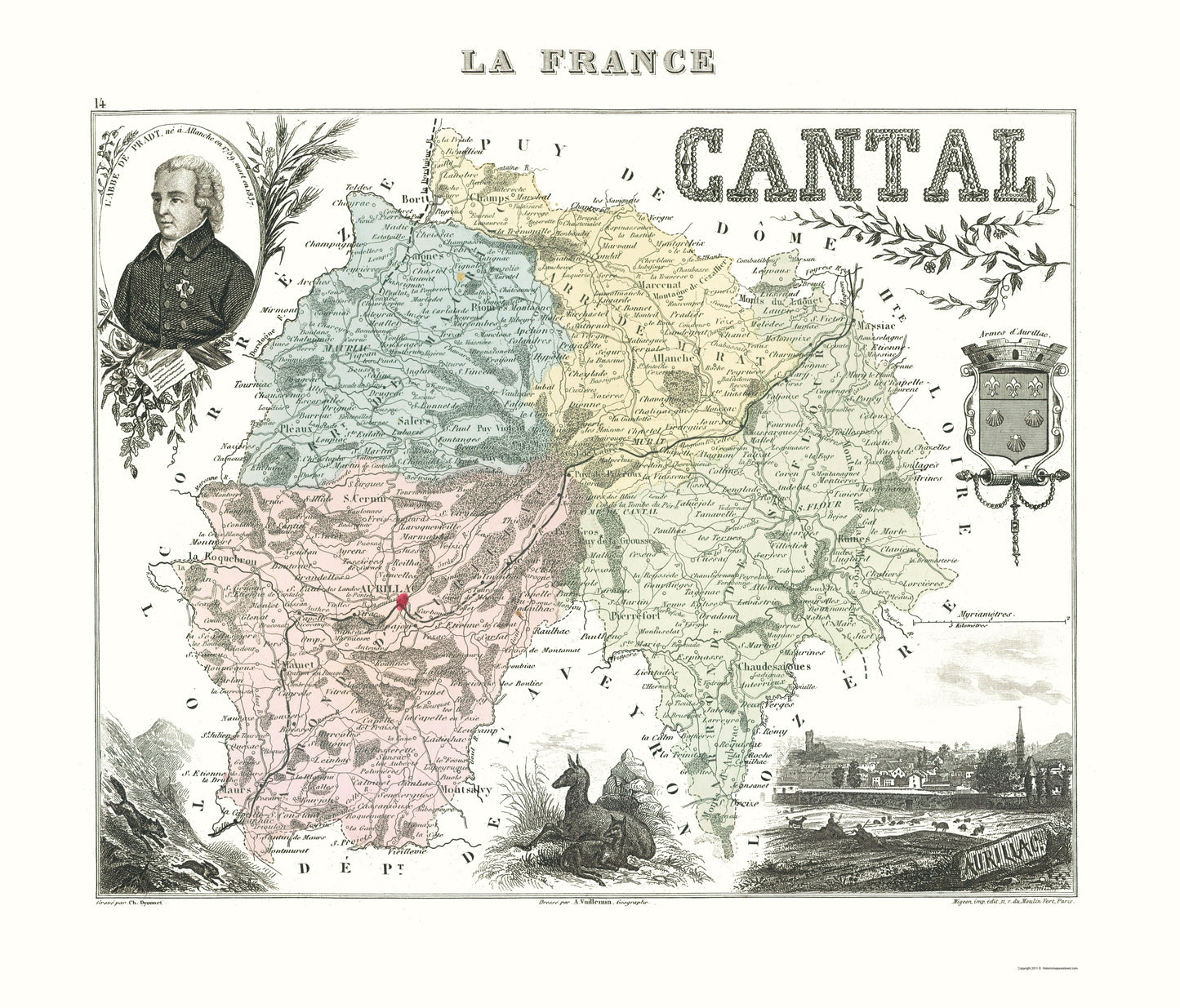 Historic Map - Cantal Department France - Migeon 1869 - 23 x 26.91 - Vintage Wall Art