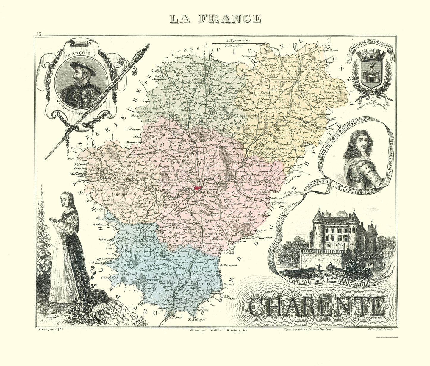 Historic Map - Charente Department France - Migeon 1869 - 23 x 27.04 - Vintage Wall Art