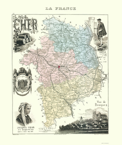 Historic Map - Cher Department France - Migeon 1869 - 23 x 27.39 - Vintage Wall Art