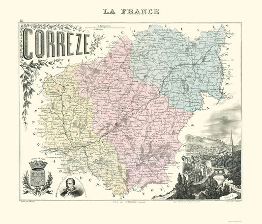 Historic Map - Correze Department France - Migeon 1896 - 23 x 26.83 - Vintage Wall Art