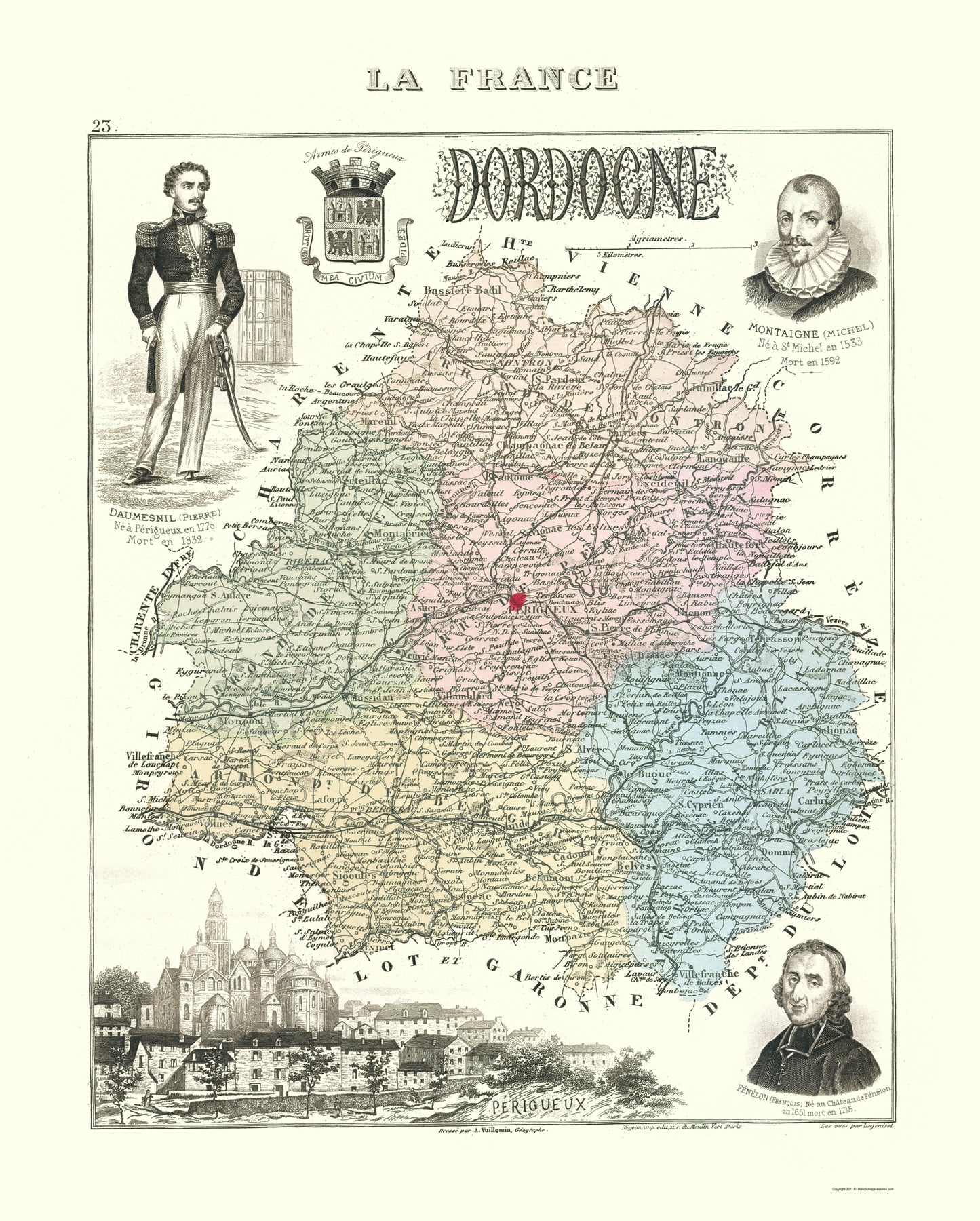Historic Map - Dordogne Department France - Migeon 1869 - 23 x 28.65 - Vintage Wall Art