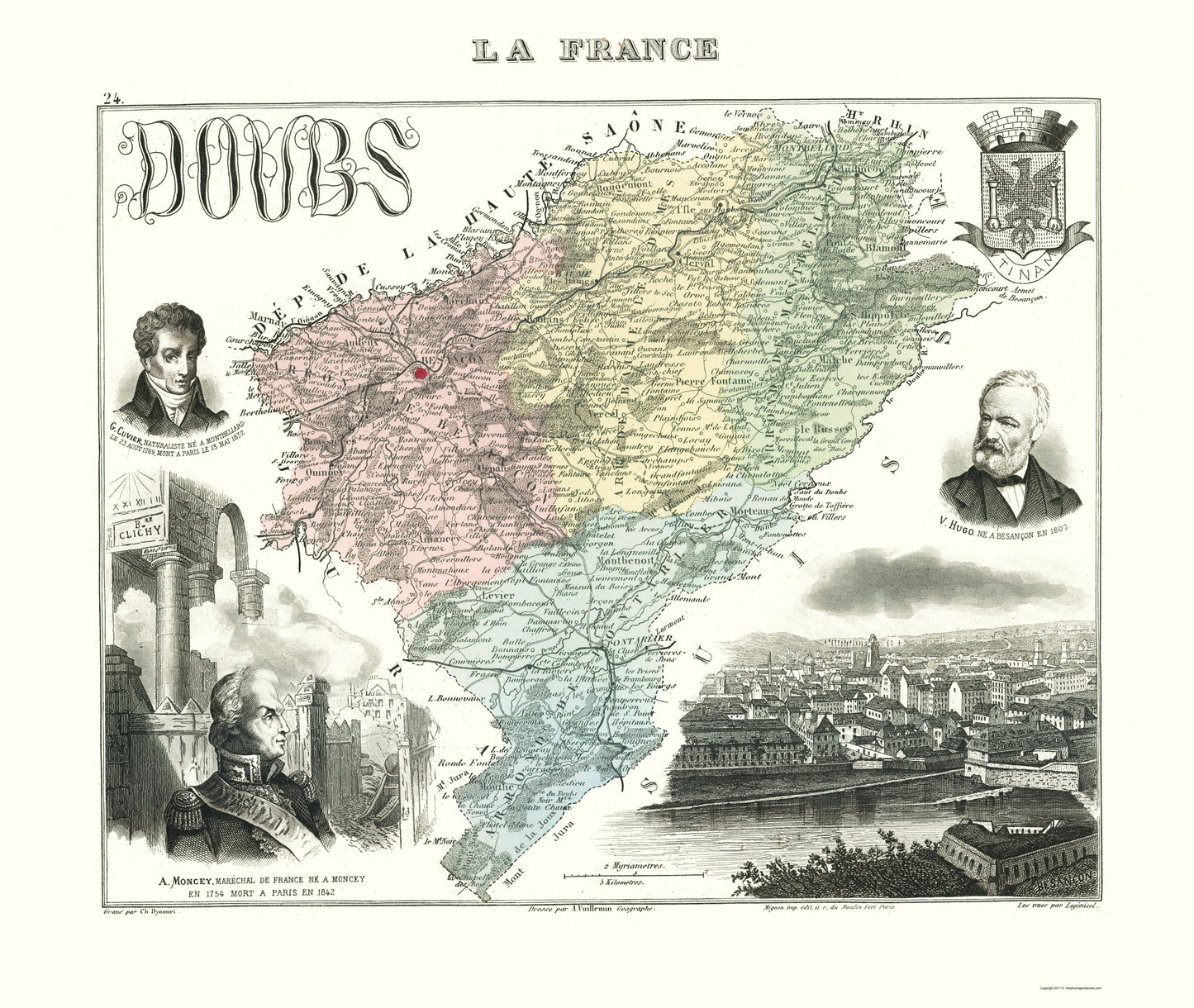 Historic Map - Doubs Department France - Migeon 1869 - 23 x 27.23 - Vintage Wall Art