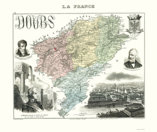 Historic Map - Doubs Department France - Migeon 1869 - 23 x 27.23 - Vintage Wall Art