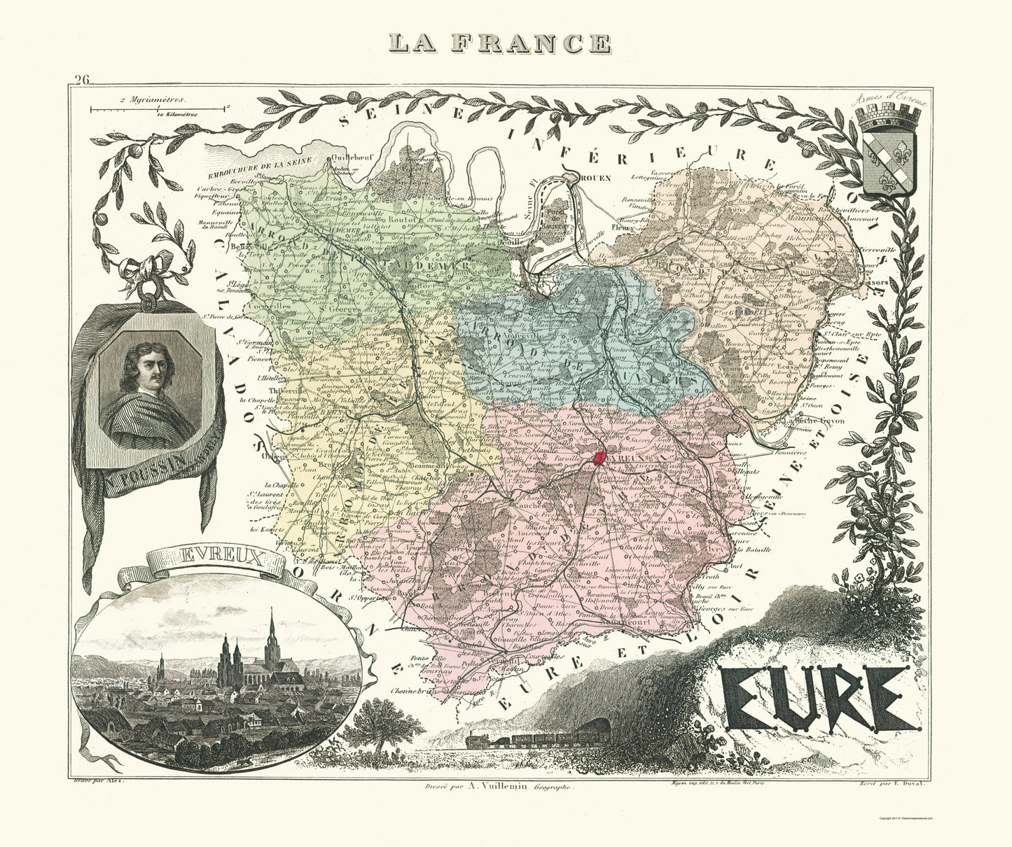 Historic Map - Eure Department France - Migeon 1869 - 23 x 27.46 - Vintage Wall Art