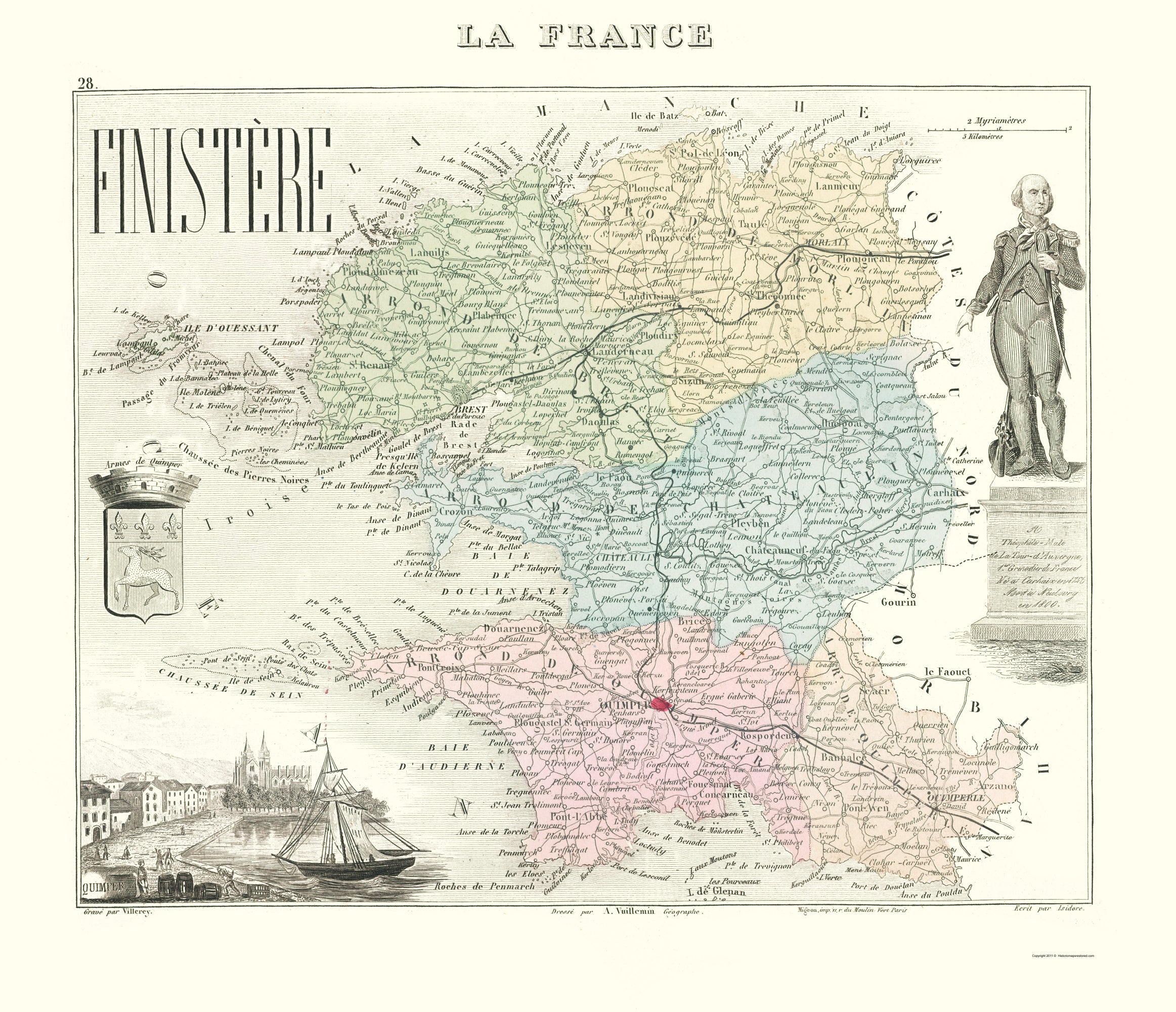 Historic Map - Finistere Department France - Migeon 1869 - Vintage Wal ...