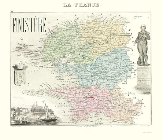 Historic Map - Finistere Department France - Migeon 1869 - 23 x 26.73 - Vintage Wall Art