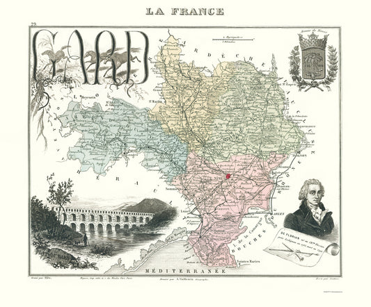 Historic Map - Gard Department France - Migeon 1869 - 23 x 27.74 - Vintage Wall Art