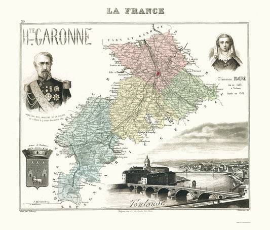 Historic Map - Haute Garonne Department France - Migeon 1869 - 23 x 27.02 - Vintage Wall Art