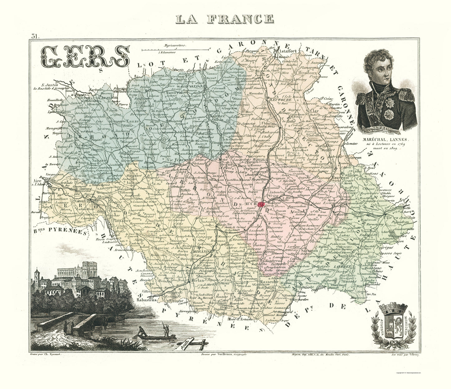 Historic Map - Gers Department France - Migeon 1869 - 23 x 26.65 - Vintage Wall Art