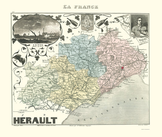 Historic Map - Herault Department France - Migeon 1869 - 23 x 27.17 - Vintage Wall Art