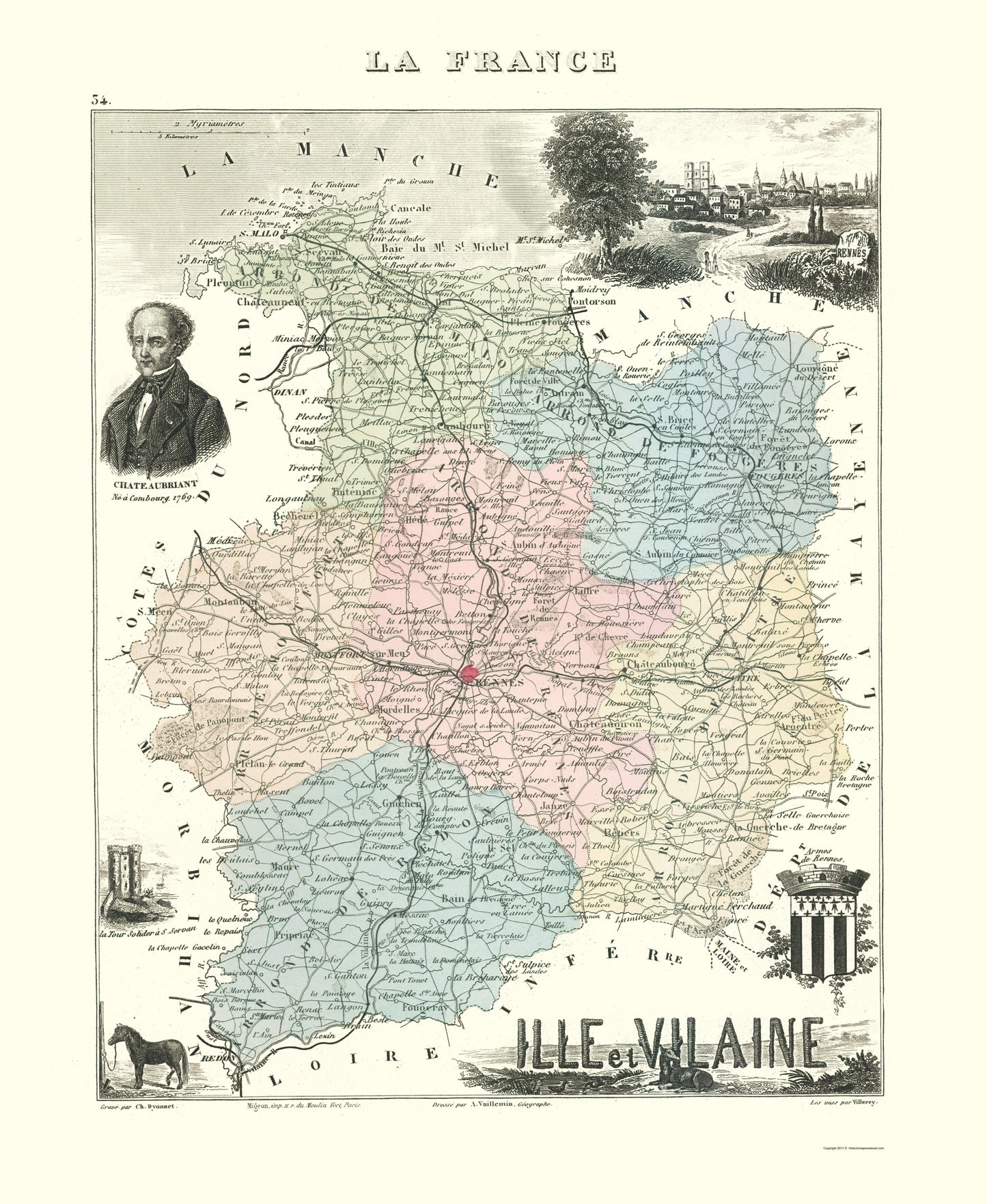 Historic Map - Ille et Vilaine Department France - Migeon 1869 - 23 x 28.06 - Vintage Wall Art