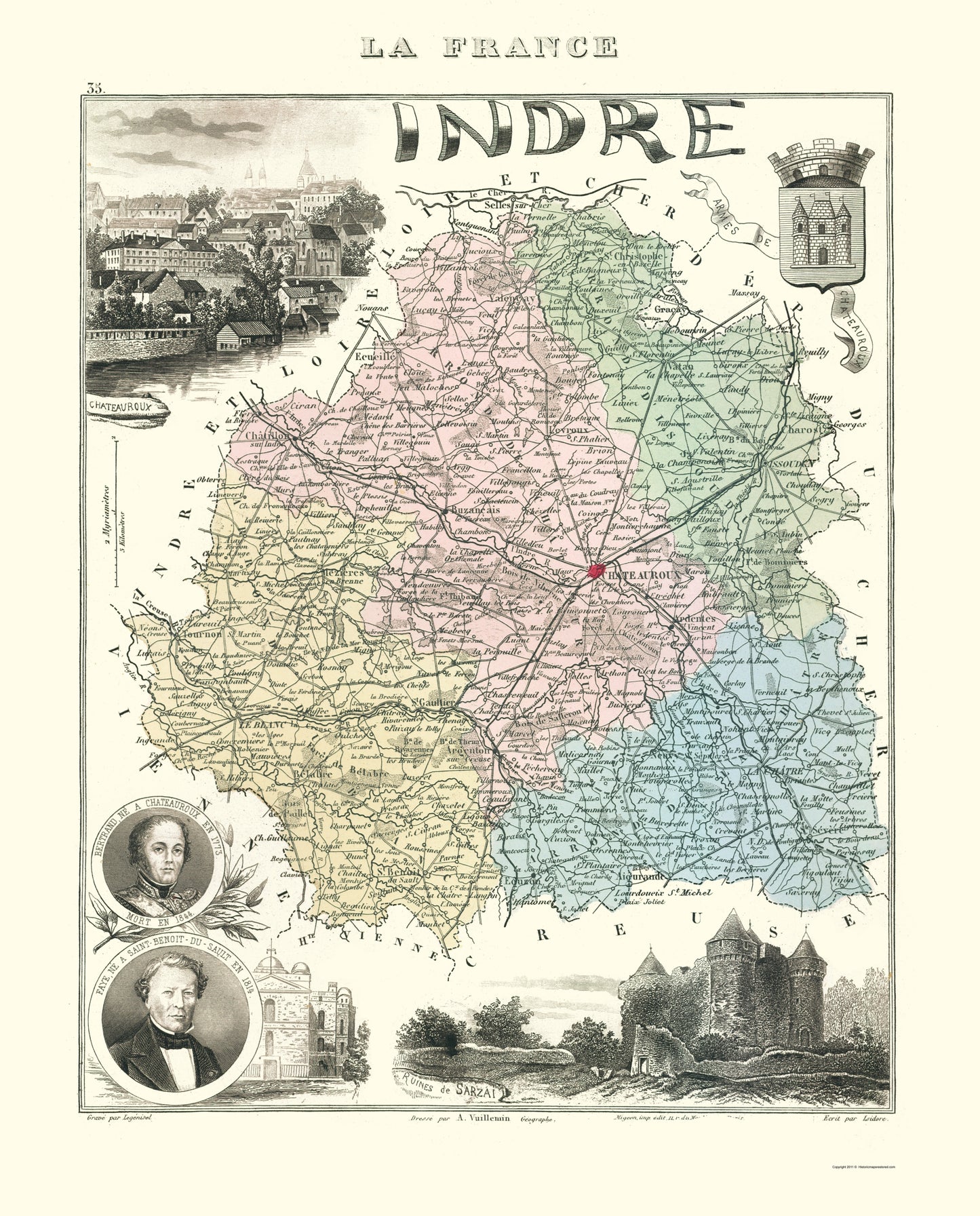 Historic Map - Indre Department France - Migeon 1869 - 23 x 28.54 - Vintage Wall Art