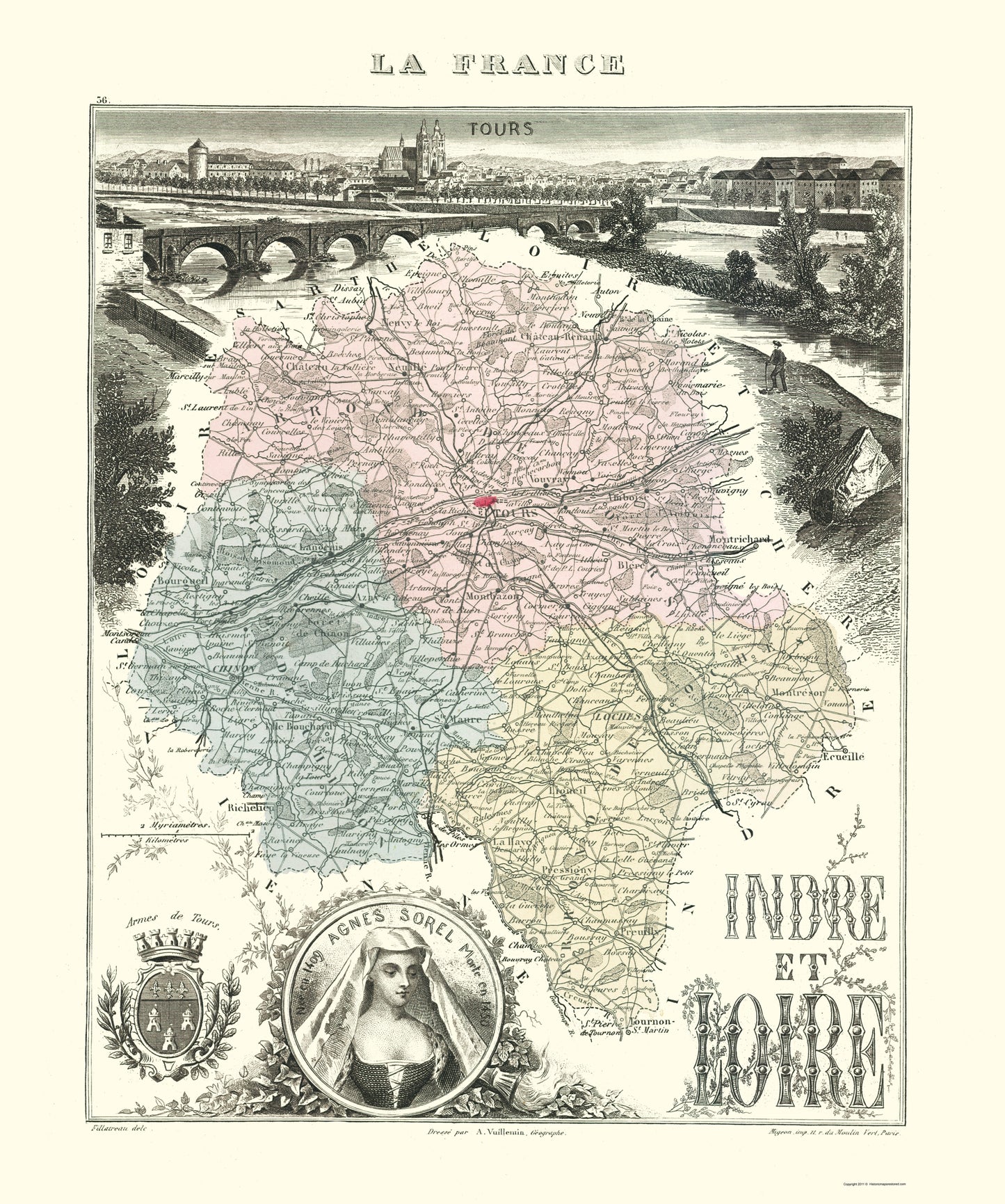 Historic Map - Indre et Loire Department France - Migeon 1869 - 23 x 27.55 - Vintage Wall Art