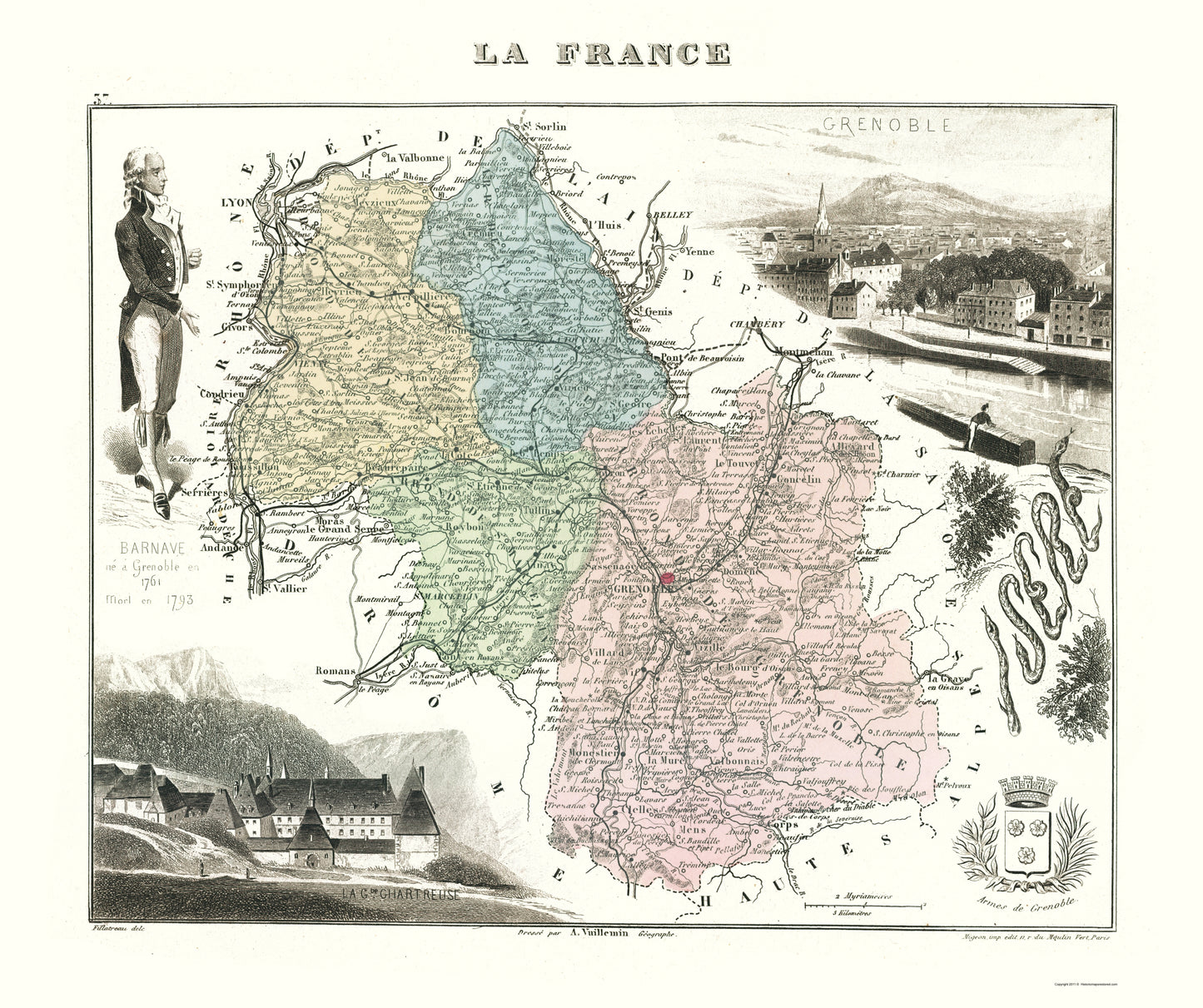 Historic Map - Isere Department France - Migeon 1869 - 23 x 27.45 - Vintage Wall Art