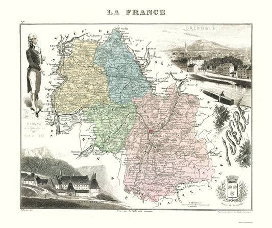 Historic Map - Isere Department France - Migeon 1869 - 23 x 27.45 - Vintage Wall Art