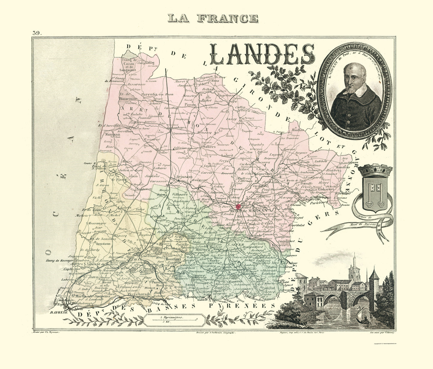 Historic Map - Landes Department France - Migeon 1869 - 23 x 27.03 - Vintage Wall Art