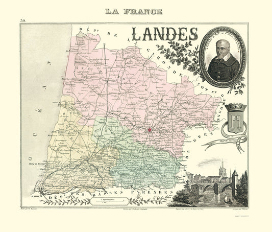 Historic Map - Landes Department France - Migeon 1869 - 23 x 27.03 - Vintage Wall Art