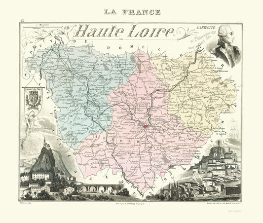 Historic Map - Haute Loire Department France - Migeon 1869 - 23 x 27.16 - Vintage Wall Art