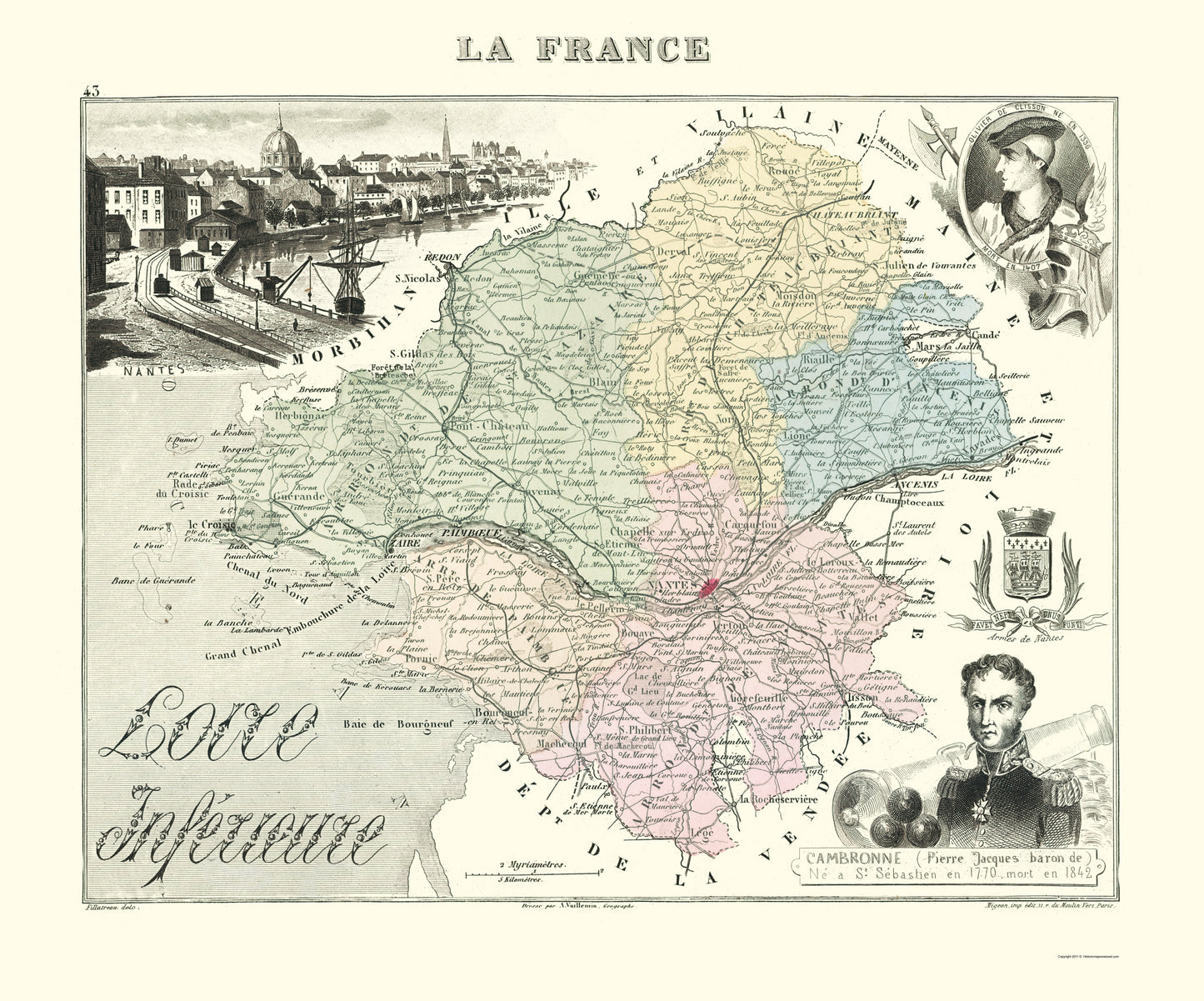 Historic Map - Loire Inferieure Department France - Migeon 1869 - 23 x 27.68 - Vintage Wall Art