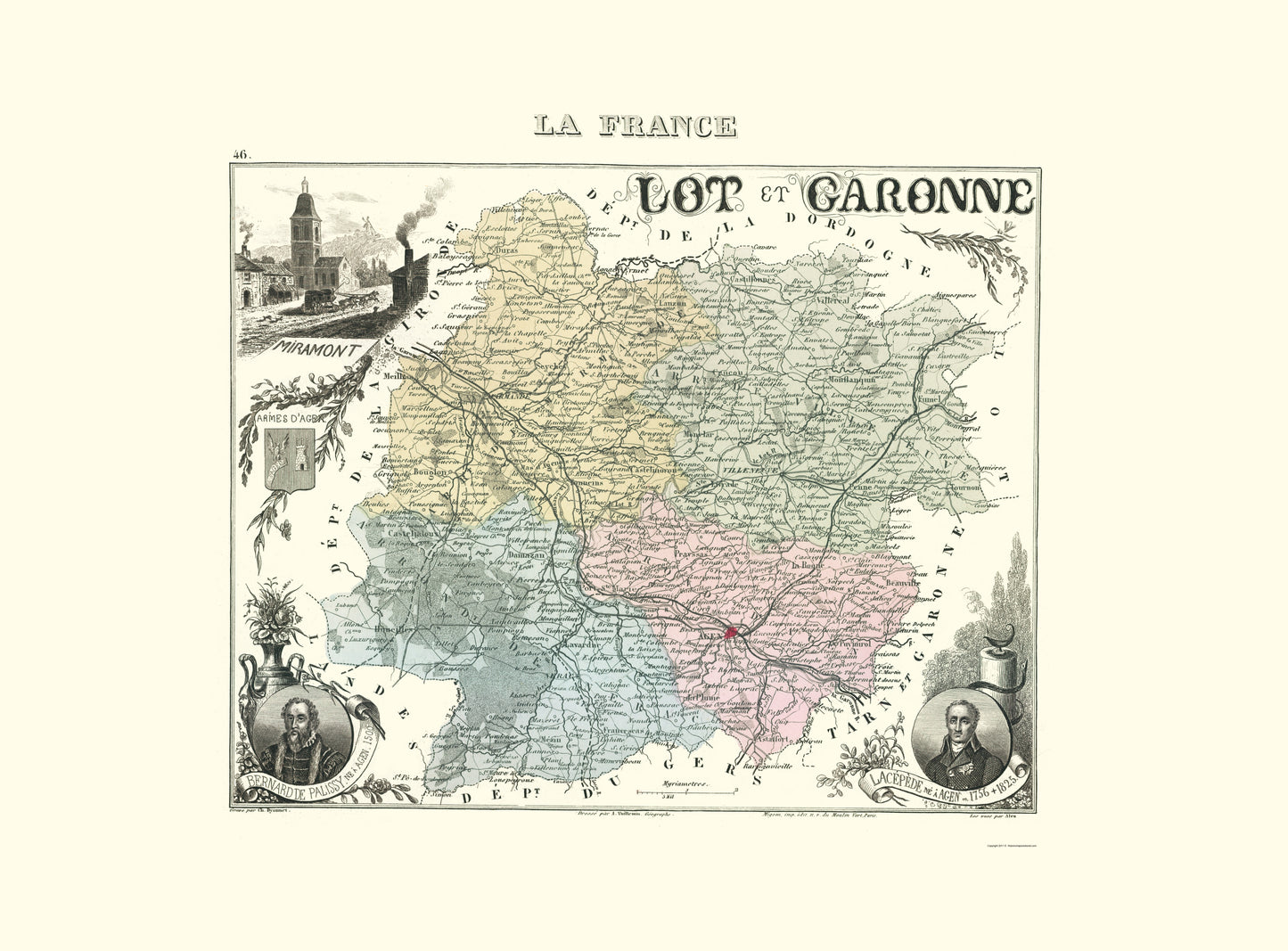 Historic Map - Lot et Garonne Department France - Migeon 1869 - 23 x 31.15 - Vintage Wall Art