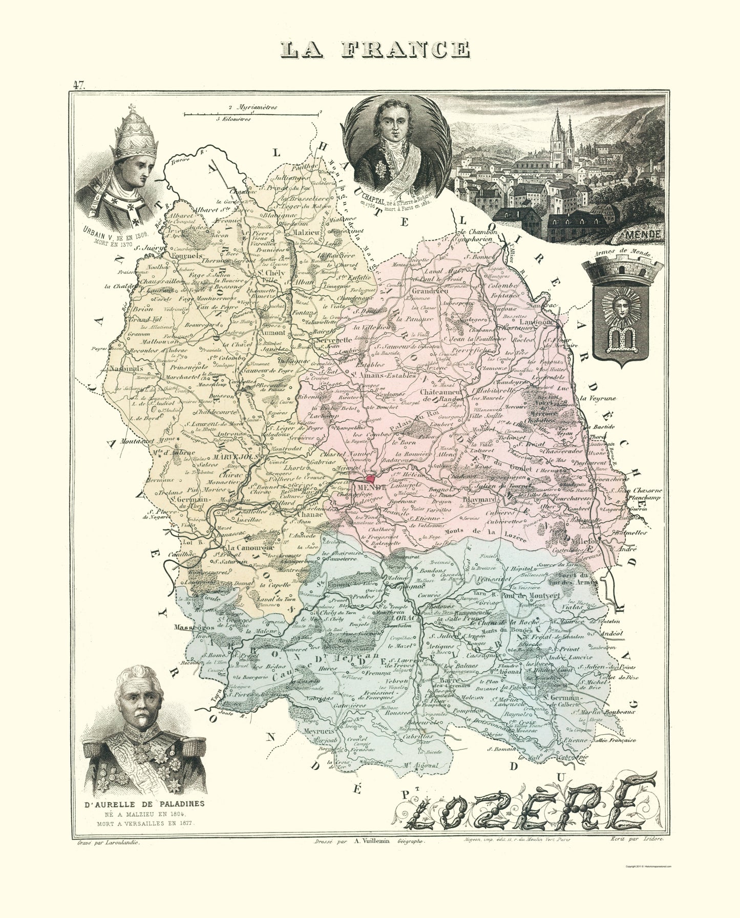 Historic Map - Lozere Department France - Migeon 1869 - 23 x 28.54 - Vintage Wall Art