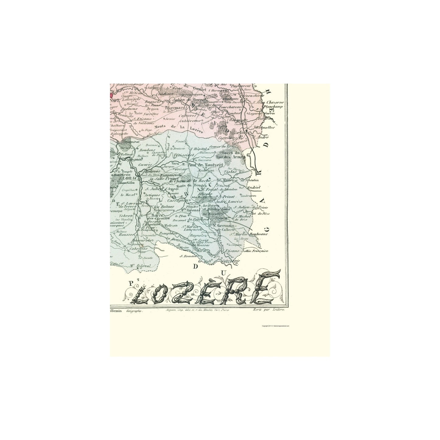 Historic Map - Lozere Department France - Migeon 1869 - 23 x 28.54 - Vintage Wall Art