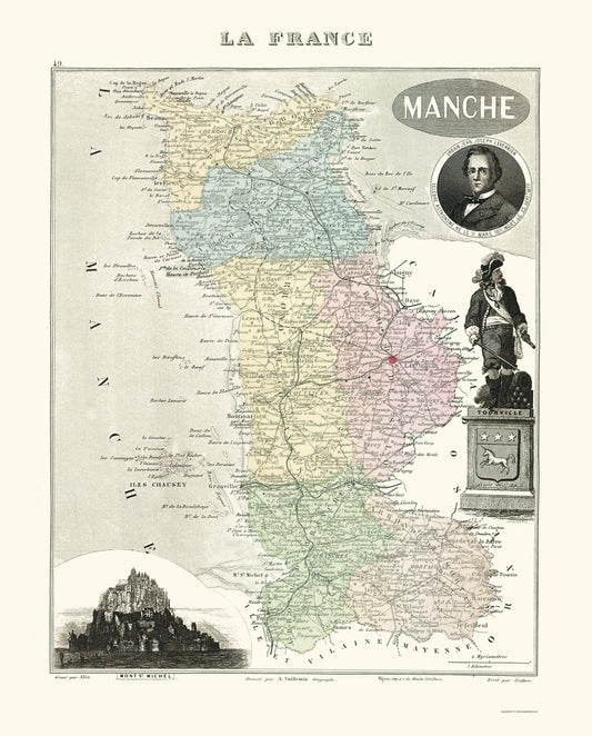 Historic Map - Manche Department France - Migeon 1869 - 23 x 28.57 - Vintage Wall Art