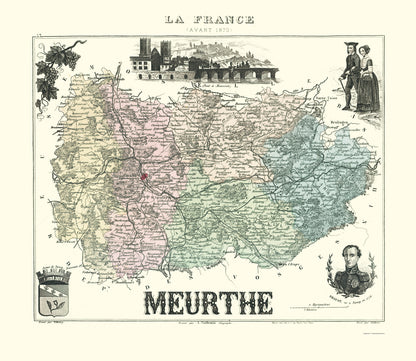 Historic Map - Meurthe Department France - Migeon 1870 - 23 x 26.53 - Vintage Wall Art