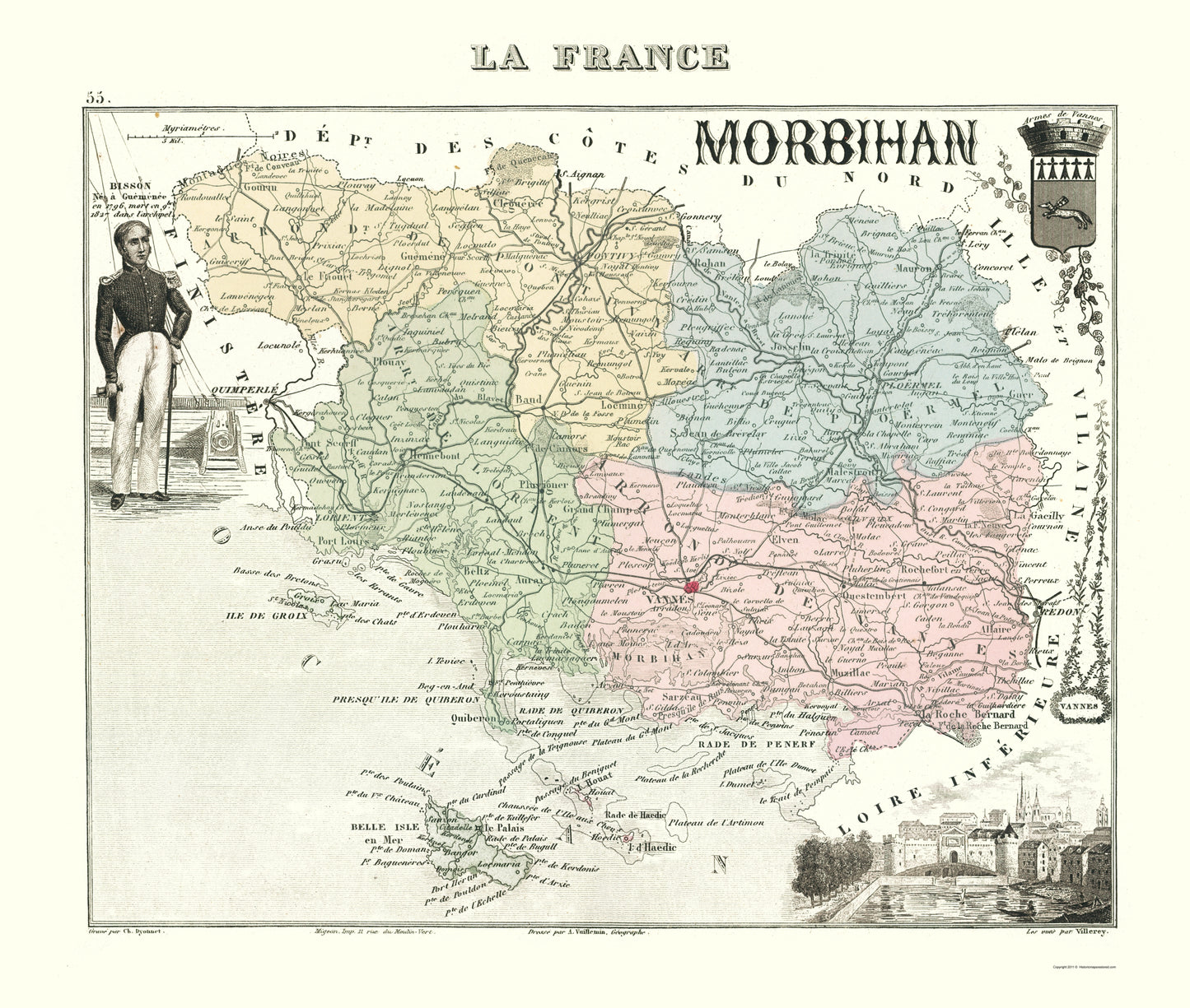 Historic Map - Morbihan Department France - Migeon 1869 - 23 x 27.13 - Vintage Wall Art