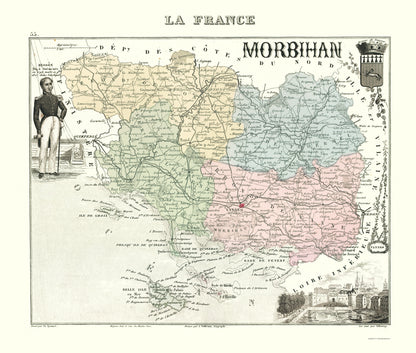 Historic Map - Morbihan Department France - Migeon 1869 - 23 x 27.13 - Vintage Wall Art